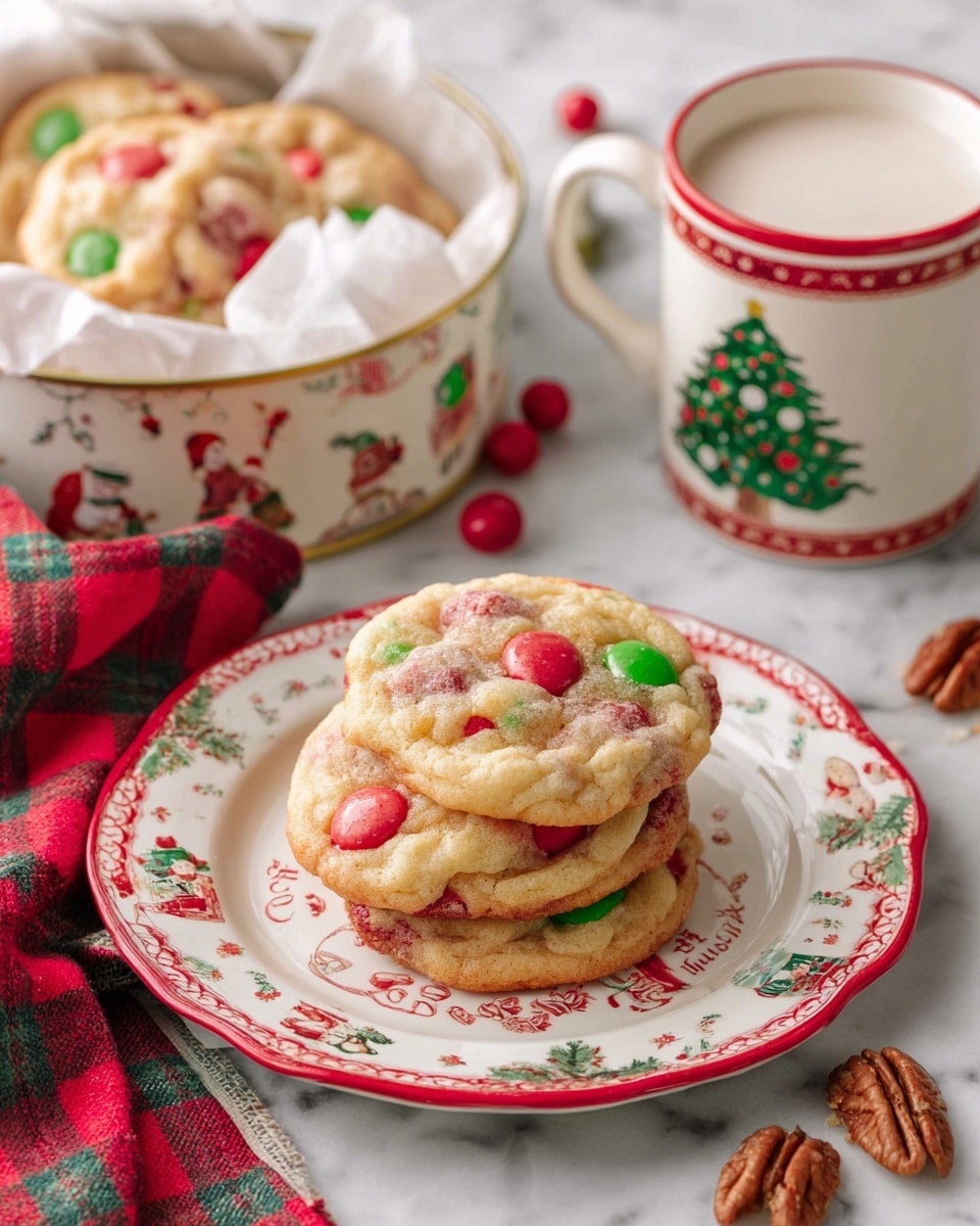 Three round cookies with red and green candy pieces are stacked on a white plate with Christmas-themed decorations and a red border, placed on a white marbled surface. Behind the plate, there is a Christmas-themed tin filled with more cookies and lined with white paper. To the right, a white mug with Christmas tree decoration is filled with milk. A red and green plaid cloth is partially visible on the left side, with a few scattered pecans near the bottom right. Photo taken with an iphone --ar 4:5 --v 7