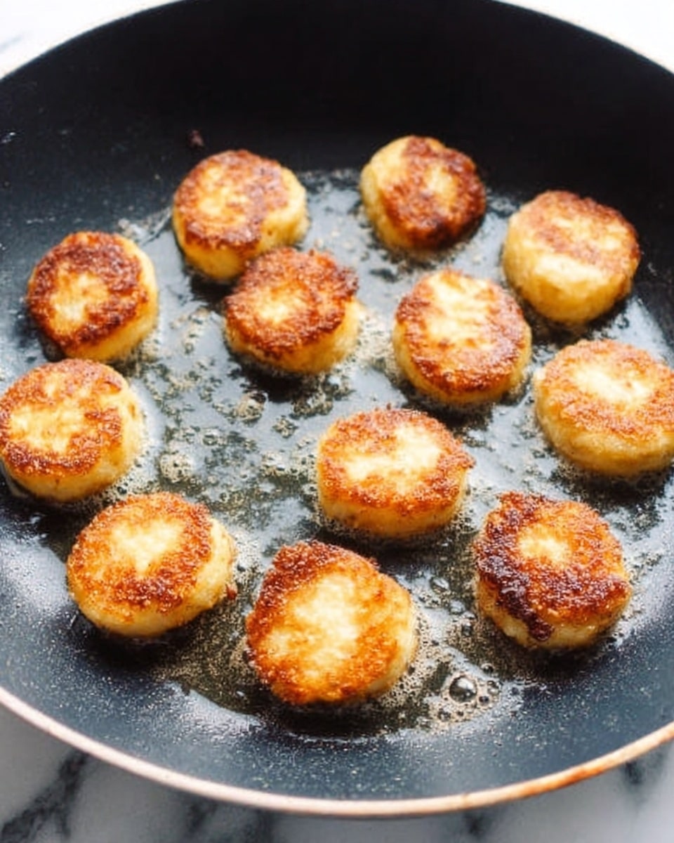 The image shows a black pan with around twelve small, round, golden-brown pieces of food cooking on it. Each piece has a slightly crispy, textured surface and is evenly spaced in the pan, which has a light shine from oil. The background surface under the pan is a white marble pattern. Photo taken with an iphone --ar 4:5 --v 7