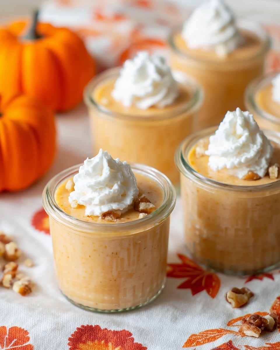 This image shows four small clear glass jars on a white cloth, each filled with a light orange creamy dessert with small darker specks. Each jar has a dollop of white whipped topping on the surface, centered neatly. The jars are placed on a white marbled surface with some chopped nuts scattered around them, and there is a bright orange pumpkin in the background on the left side. The cloth under the jars has autumn-themed patterns in orange and red. The focus is on the closest jar in the front center, with the others softly blurred behind it. Photo taken with an iphone --ar 4:5 --v 7