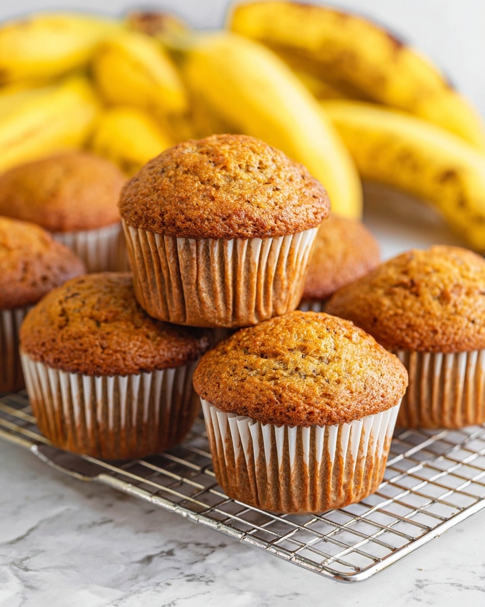The image shows ten golden-brown muffins with a slightly cracked top, arranged closely together on a white marbled surface. The muffins have a textured, crumbly top with small specks indicating some kind of added ingredient or spice. In the bottom right corner, three whole yellow bananas lie on the surface, adding a bright contrast to the warm muffin tones. The lighting highlights the rough texture of the muffins, and the overall scene looks warm and inviting. Photo taken with an iphone --ar 4:5 --v 7