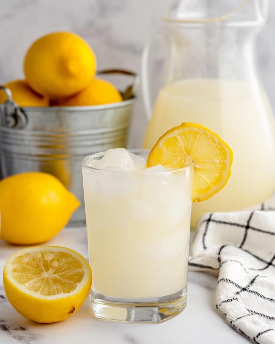A short clear glass filled with a pale creamy drink and ice cubes, garnished with a bright yellow lemon slice placed on the rim, is the main focus. Behind this glass, there is a clear glass pitcher filled with a similar creamy liquid. To the left, there is a silver metal bucket holding whole yellow lemons and a halved lemon resting in front of it. The background consists of a white marbled surface and a white cloth with black grid lines. photo taken with an iphone --ar 4:5 --v 7