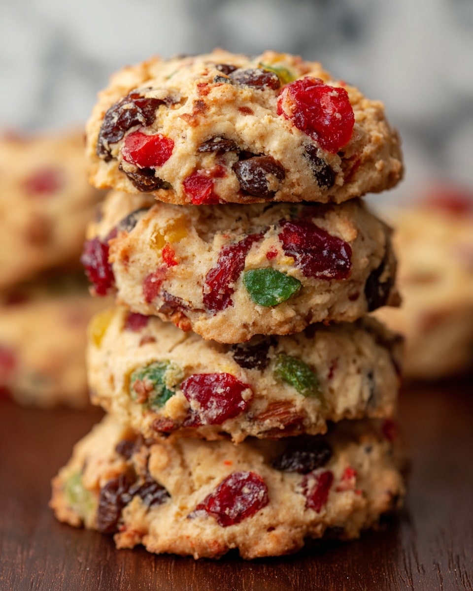 A close-up image shows a stack of four thick cookies with a rough texture. Each cookie is light golden brown and studded with bright red dried cherries, green candied fruit pieces, and dark brown raisins spread evenly throughout. The cookies are piled on top of each other on a dark wooden surface, with a soft focus on the background which has a white marbled texture. The photo is detailed, showing the cakey and crumbly nature of the cookies with visible bits of fruit throughout. Photo taken with an iphone --ar 4:5 --v 7