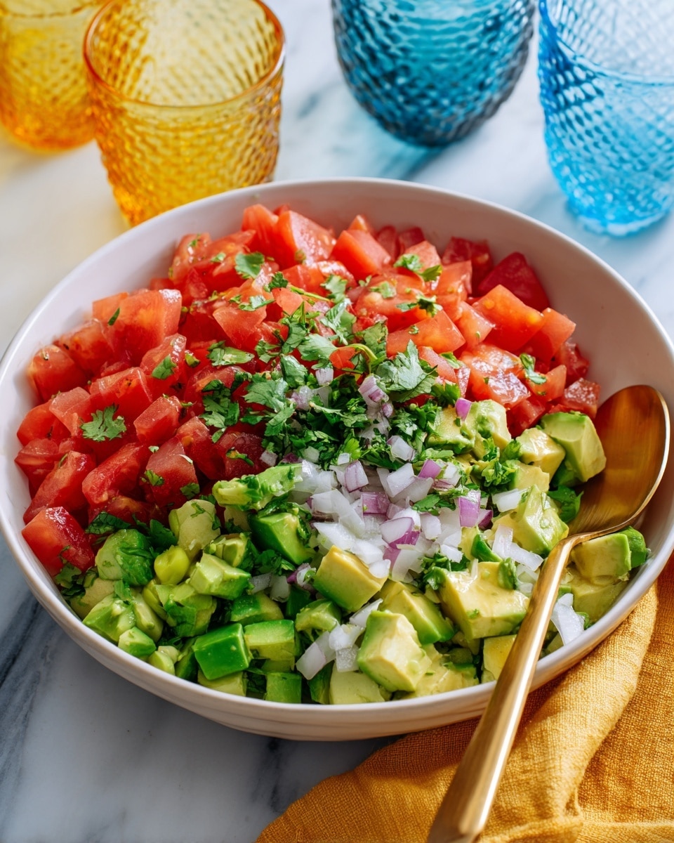 A white shallow bowl holds a colorful salad with three main layers: the bottom layer is made of vibrant red tomato chunks, the middle layer has pale green diced avocado pieces, and the top layer includes bright green chopped bell peppers, small white onion cubes, and fresh green cilantro leaves sprinkled throughout. A gold spoon is placed inside the bowl on the right side, resting on the salad. The bowl is set on a white marbled surface with a yellow cloth napkin nearby and blue and yellow textured glass cups in the background. Photo taken with an iphone --ar 4:5 --v 7