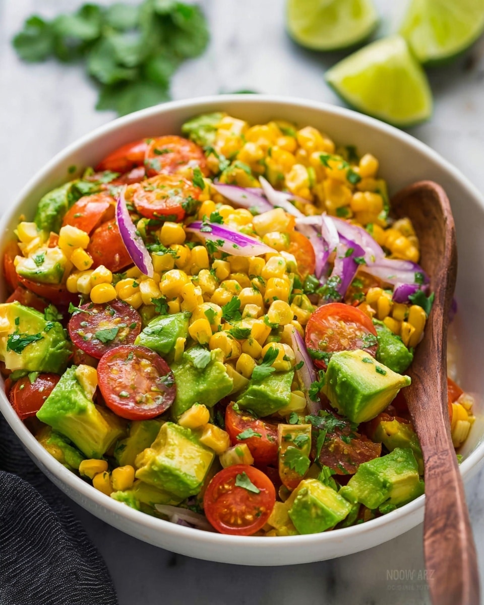 A white bowl filled with a colorful salad containing three main layers: bright yellow corn kernels scattered throughout, medium-sized chunks of green avocado mixed in, and red cherry tomato halves creating pops of color. Thin rings of purple onion are spread on top, adding texture, with small green cilantro leaves sprinkled all over. A wooden spoon rests inside the bowl on the right side on a white marbled surface, and there are blurred lime halves and cilantro in the background. photo taken with an iphone --ar 4:5 --v 7