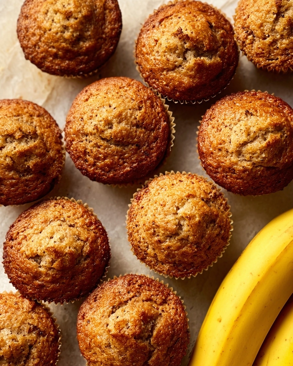 A close-up image of eight golden brown muffins with a textured top, sitting on a white cooling rack over a white marbled surface. The muffins are in white paper liners, and they look soft and moist. In the background, there is a handful of ripe yellow bananas with brown spots. The muffin in the front is slightly taller and stands out clearly. The overall scene has a warm and fresh feel. photo taken with an iphone --ar 4:5 --v 7