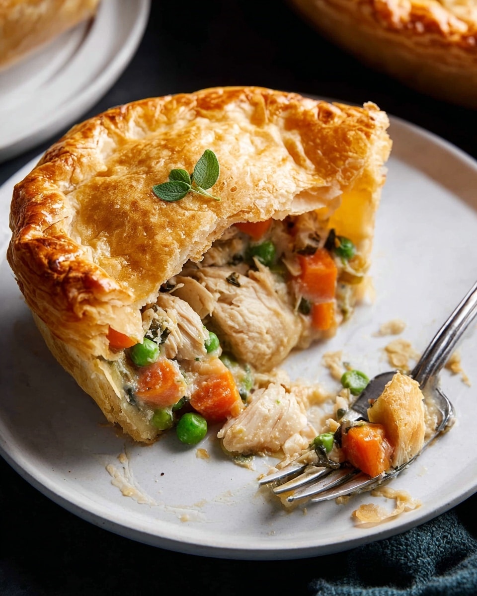 A round pie with a golden flaky crust, torn open on a white plate, showing two layers inside: the top layer is thin, crisp, and golden brown, while the bottom layer is thick and soft with mixed filling of diced orange carrots, green peas, light beige chicken pieces, and small bits of herbs. A small green herb leaf rests on top of the crust. A silver fork lies next to the pie, and the background is a white marbled texture photo taken with an iphone --ar 4:5 --v 7