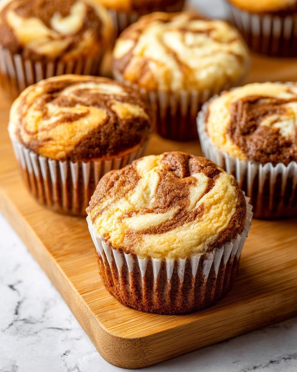 A close-up view of six swirled muffins in a light gray muffin tray, each muffin having a white paper cup liner. The muffins display two main layers—a darker golden brown outer layer and creamy white swirls that make soft, round patterns on the top and sides. The texture looks fluffy with a slightly crisp top. The light gray tray contrasts lightly with the warm tones of the muffins. The background is a white marbled texture. photo taken with an iphone --ar 4:5 --v 7