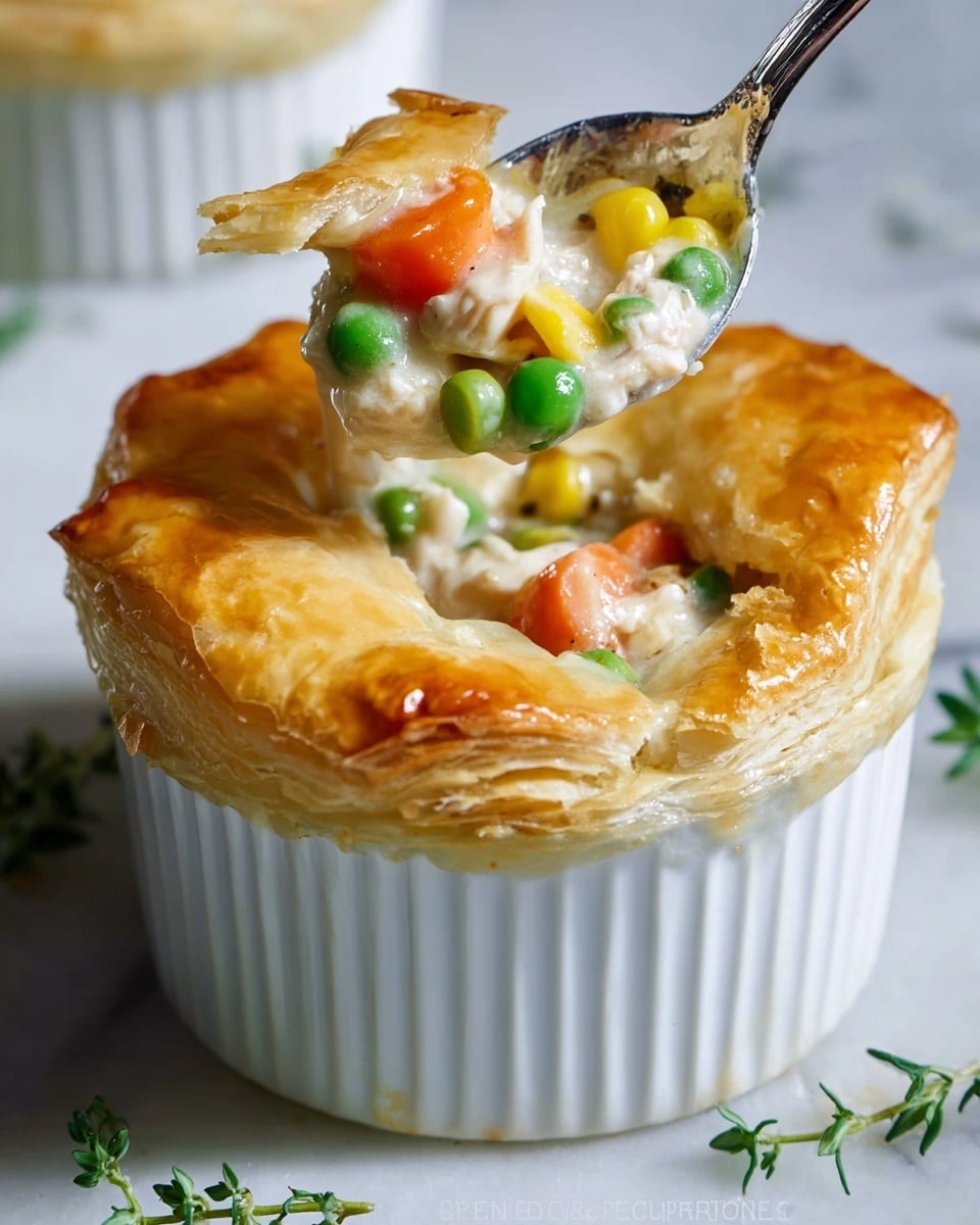 The image shows a white ramekin filled with chicken pot pie. The top layer is a golden-brown, flaky puff pastry crust that is slightly raised and textured. Underneath the crust, the filling is visible with chunks of white chicken, bright orange carrot cubes, green peas, and yellow corn kernels, all mixed in a creamy sauce. A spoon is lifting a piece of the pot pie, showing the layers of crust and filling. The ramekin sits on a white marbled surface, with small sprigs of fresh green herbs placed around it. photo taken with an iphone --ar 4:5 --v 7