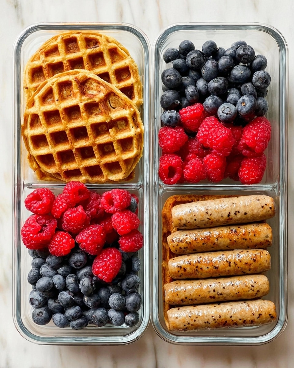 The image shows two rectangular clear glass containers arranged vertically on a white marbled surface. Each container is divided into three sections: on the left, there are two golden brown waffles stacked in each container with a grid pattern and crisp texture; the middle section has fresh blueberries and bright red raspberries placed randomly together, creating a colorful mix; the right section contains three light brown cooked sausage links with visible seasoning specks, lined up neatly side by side. The colors appear natural and vibrant with the warm tones of the waffles and sausages contrasting with the fresh fruit. photo taken with an iphone --ar 4:5 --v 7