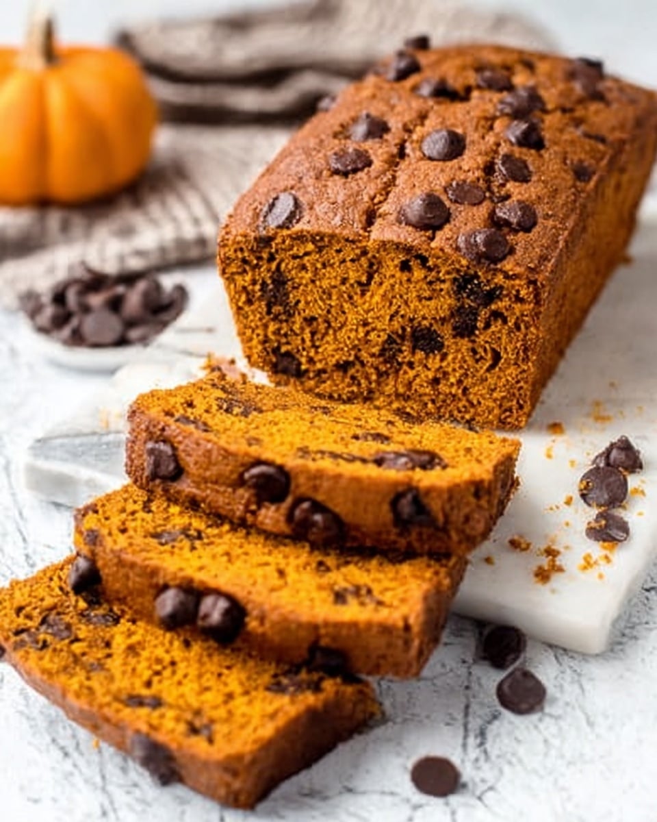 The image shows a loaf of pumpkin-colored bread studded with chocolate chips on the top and inside. Three slices are cut from the loaf and placed in front on a white marbled surface. The bread has a soft, slightly crumbly texture and a warm, orange-brown color. Some extra chocolate chips are scattered near the bread. Photo taken with an iphone --ar 4:5 --v 7