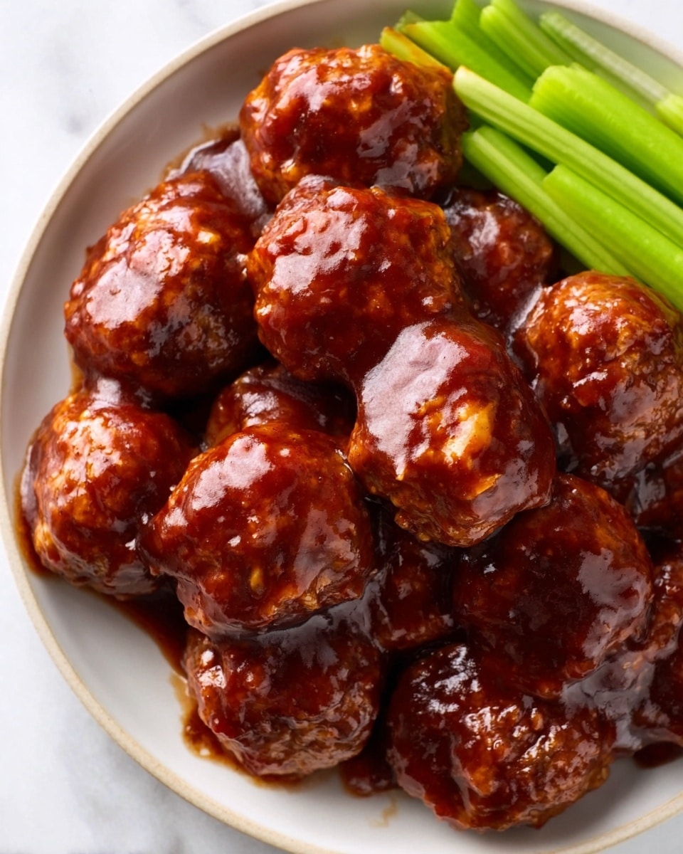 A white plate filled with several small, round meatballs covered in a thick, shiny, dark reddish-brown sauce. The sauce looks smooth and sticky, spreading evenly over the meatballs, which have a slightly bumpy texture underneath. On one side of the plate, there are bright green celery sticks arranged neatly. The whole scene is set on a white marbled surface. Photo taken with an iphone --ar 4:5 --v 7