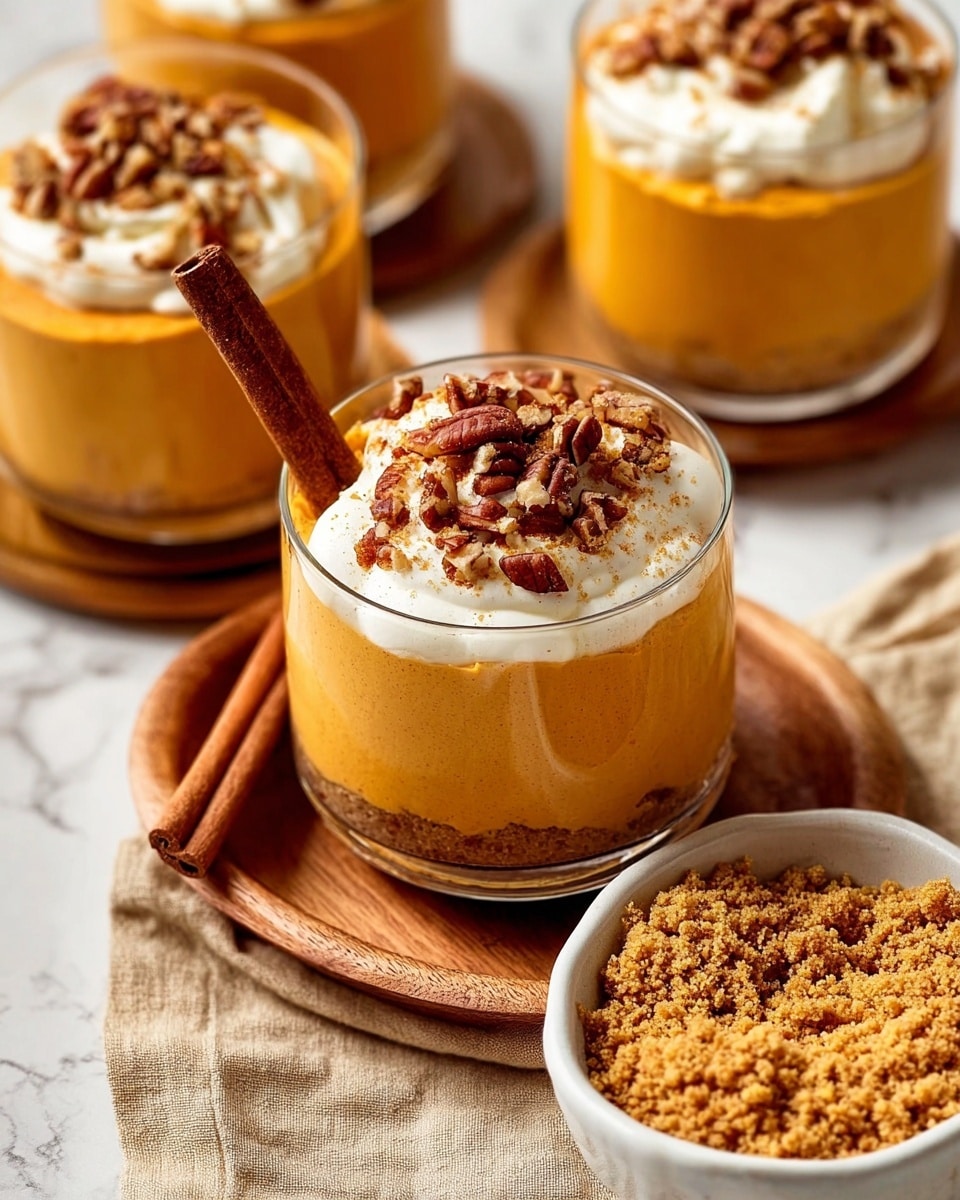 Three clear glass cups sit side by side on a wooden tray on a white marbled surface. Each cup has one thick layer of smooth, orange pumpkin-colored pudding filling it almost to the top. On the surface of each pudding is one dollop of white whipped cream, sprinkled with small brown nut pieces, and a dusting of cinnamon powder. A cinnamon stick is placed in the middle cup, leaning against the whipped cream. Behind the cups, a soft striped cloth in white and blue is gently folded. Photo taken with an iphone --ar 4:5 --v 7