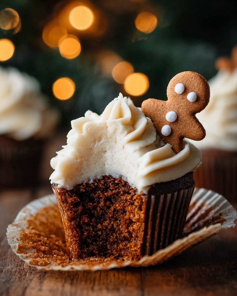 A close-up of a cupcake with one bite taken, showing a moist, dark brown cake layer at the bottom. On top is a thick layer of white, creamy frosting with a swirled texture that looks soft and fluffy. A small gingerbread man cookie with three white icing dots stands upright, partially embedded in the frosting on the right side. The cupcake wrapper is peeled back and placed beneath it, sitting on a wooden surface with blurred background lights creating a cozy atmosphere. Photo taken with an iphone --ar 4:5 --v 7