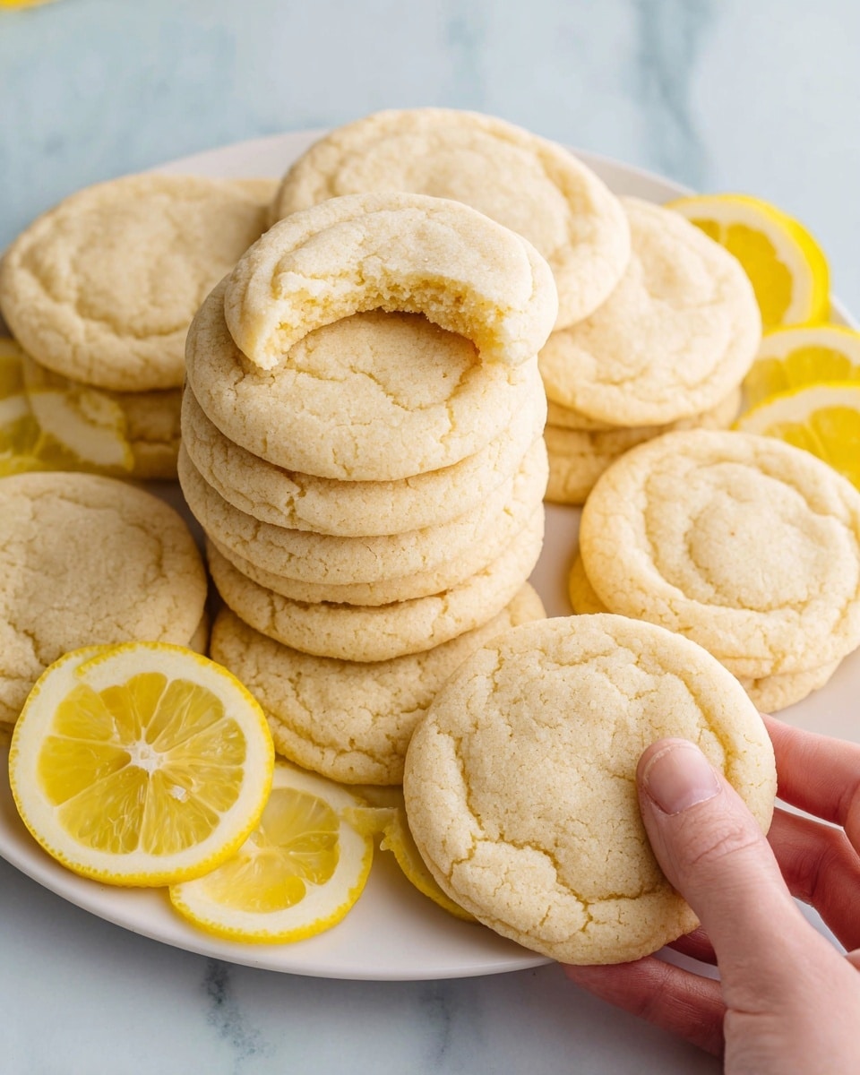 A white plate is filled with a stack of round, light beige lemon cookies that have a slightly cracked surface texture. There are about ten cookies layered closely together, with one cookie on top showing a bite taken from its edge. Bright yellow lemon slices and wedges are placed around the cookies for decoration, adding a fresh contrast to the pale cookies. A woman's hand is gently holding a cookie at the bottom right corner. The whole scene sits on a white marbled texture. photo taken with an iphone --ar 4:5 --v 7