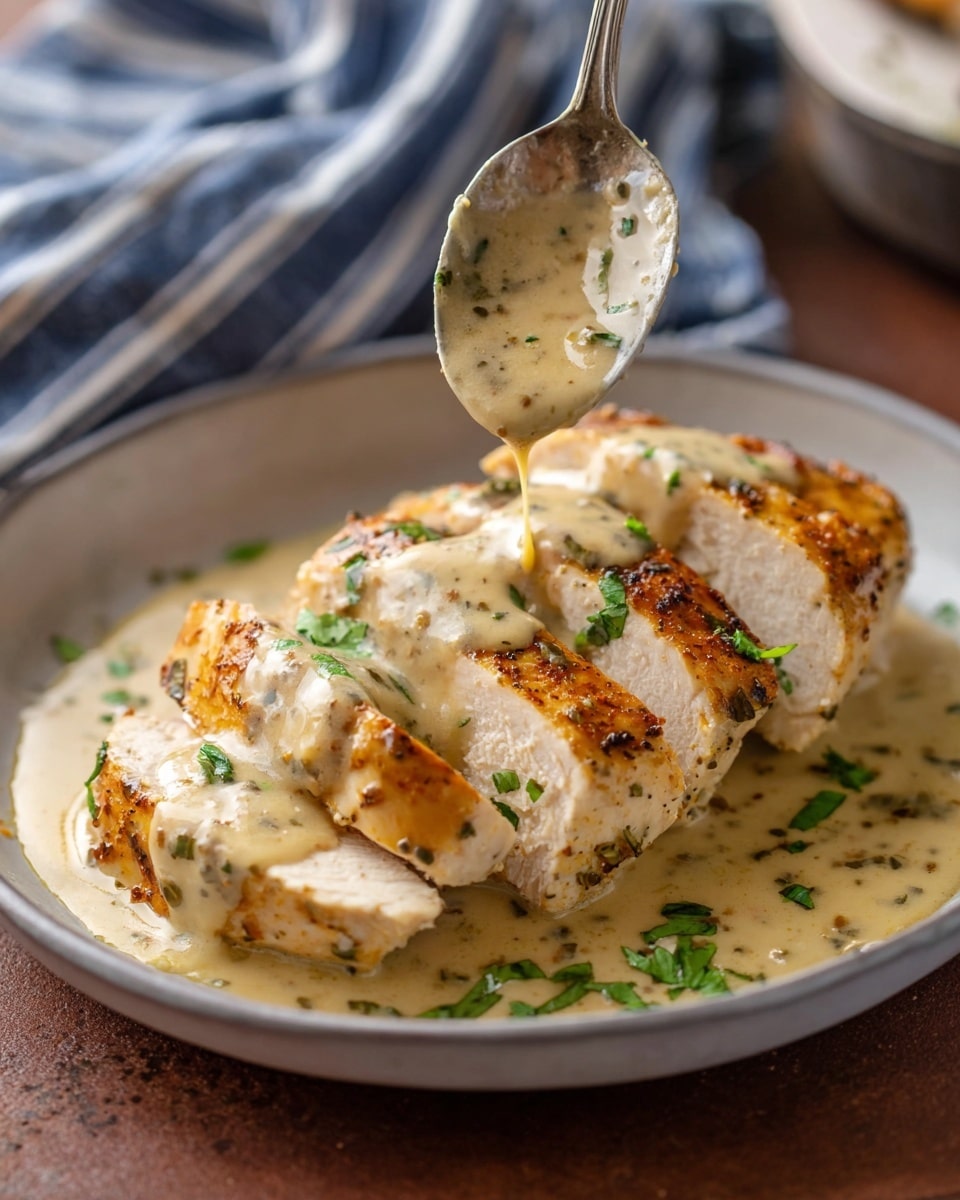 A white plate holds three sliced pieces of cooked chicken layered side by side, each slice showing a browned, slightly crispy outer texture and a moist, white inside. The chicken is covered with a creamy, light beige sauce that is smooth with small bits and drizzle on the top slice from a silver spoon above. Fresh green herb pieces are sprinkled on the chicken and sauce, adding a pop of color. The plate sits on a brown surface with a blurred blue and white striped cloth in the background. Photo taken with an iphone --ar 4:5 --v 7