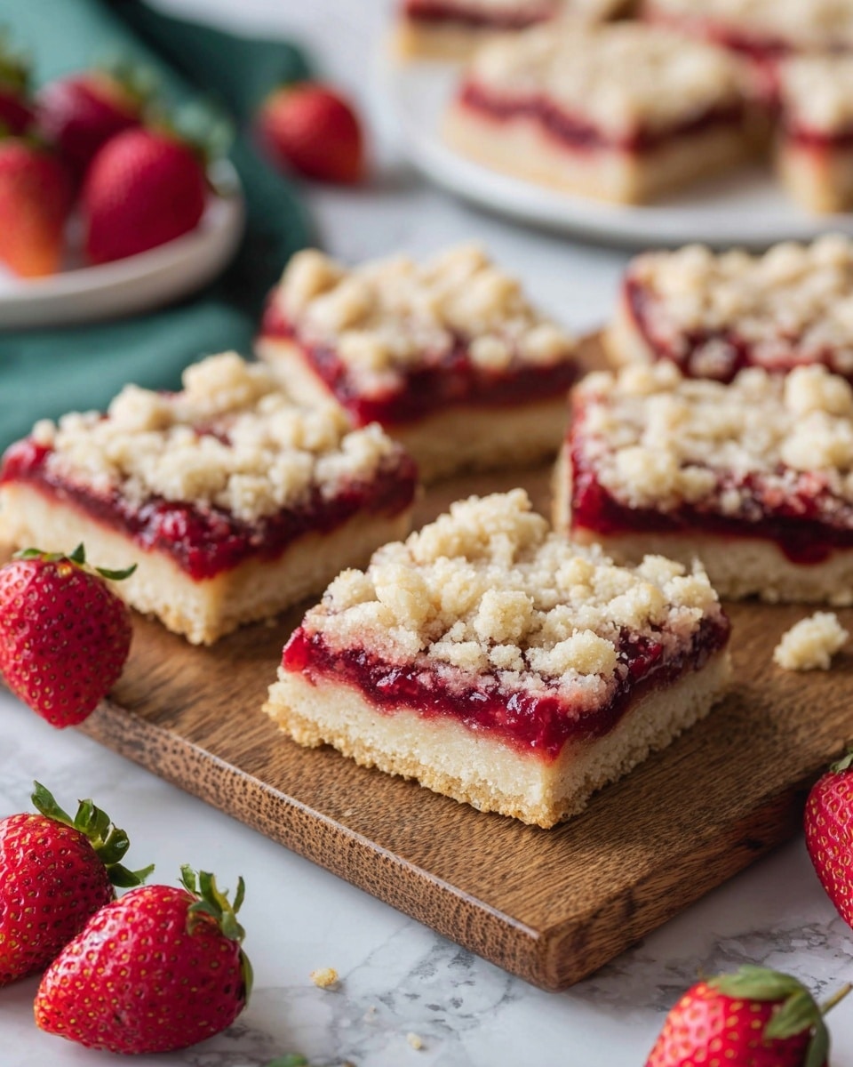 The image shows square strawberry crumb bars arranged on a wooden board over a white marbled surface. Each bar has three clear layers: a thick, light golden base layer, a bright red strawberry jam middle layer, and a crumbly, pale beige top layer that looks rough and uneven. Fresh whole strawberries are scattered around the board, adding a fresh touch. In the background, some white plates hold more of these bars. The overall colors are warm and inviting with contrasts between the red filling, pale crumb topping, and the wooden board. Photo taken with an iphone --ar 4:5 --v 7