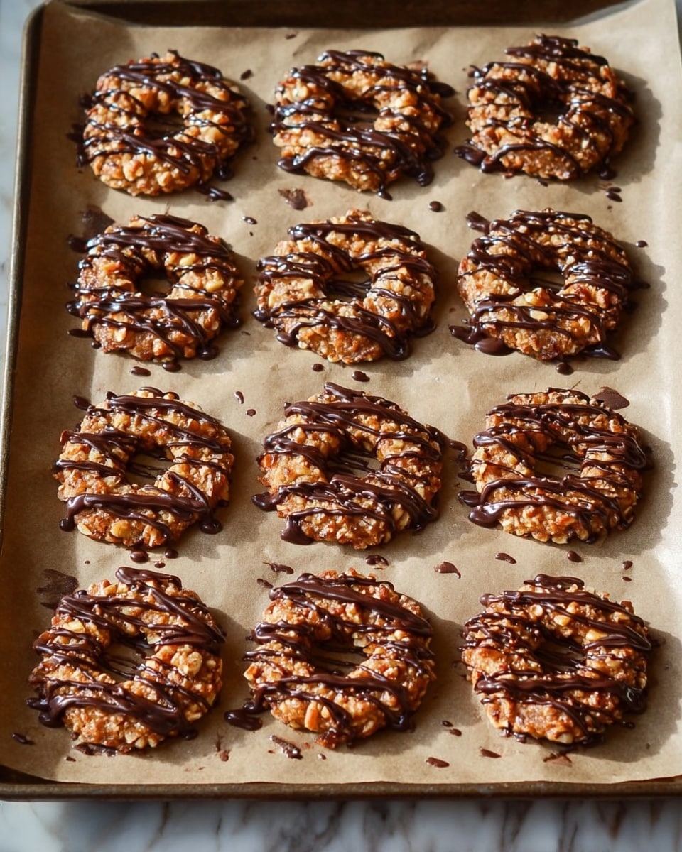 The image shows a tray lined with parchment paper holding 15 round cookies arranged in a 3 by 5 grid. Each cookie has a ring shape with a hole in the middle, and the surface has a crunchy textured top layer that is golden brown with visible nut pieces. On top, there is a light drizzle of dark chocolate in thin, uneven lines crossing the circles. The tray sits on a white marbled surface, with some drops of chocolate around the tray edges. The light highlights the rough nutty texture of the cookies and the smooth shine of the chocolate drizzle. photo taken with an iphone --ar 4:5 --v 7
