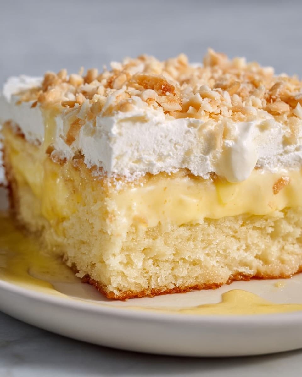 A close-up view of a three-layered dessert on a white plate sitting on a white marbled surface. The bottom layer is a thick, soft, pale yellow cake with a slightly crumbly texture. The middle layer is a smooth, creamy lemon-yellow filling that slightly oozes onto the cake below. The top layer is a thick, fluffy white cream, evenly spread and topped with small, light brown toasted pieces, adding a textured crunch. The lighting highlights the moistness of the cake and creaminess of the filling, making the dessert look rich and inviting. Photo taken with an iphone --ar 4:5 --v 7