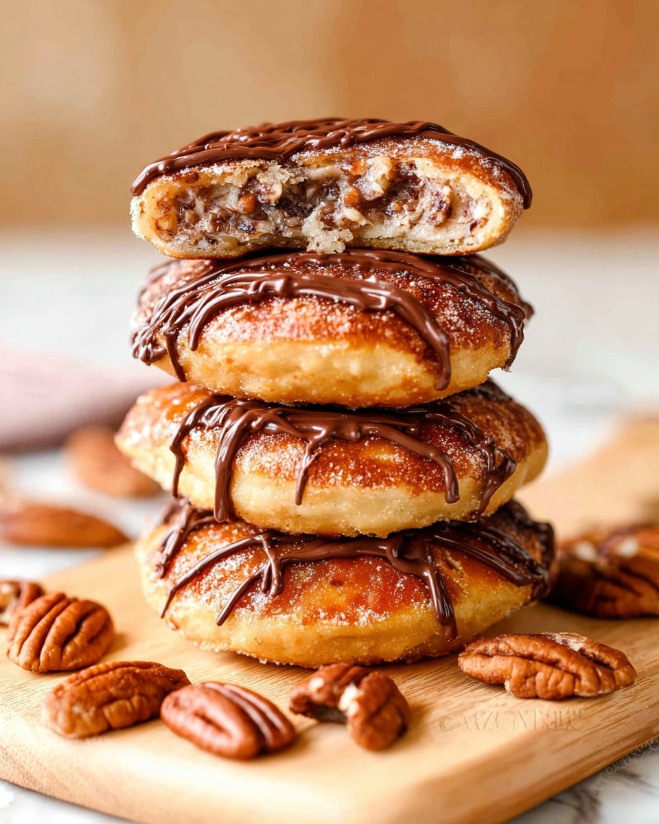 A stack of four round, golden brown pastries with a slightly crispy texture is shown on a light wooden board. Each pastry is drizzled with thin lines of glossy dark chocolate sauce, adding a shiny contrast to the warm tones of the pastries. The top pastry is cut in half, revealing a gooey, nutty filling inside with visible bits of pecans. In the foreground, some whole pecans lie scattered on the same light wooden surface, complementing the nutty theme. The background has a soft blur with warm light, and the entire scene rests on a white marbled texture. Photo taken with an iphone --ar 4:5 --v 7