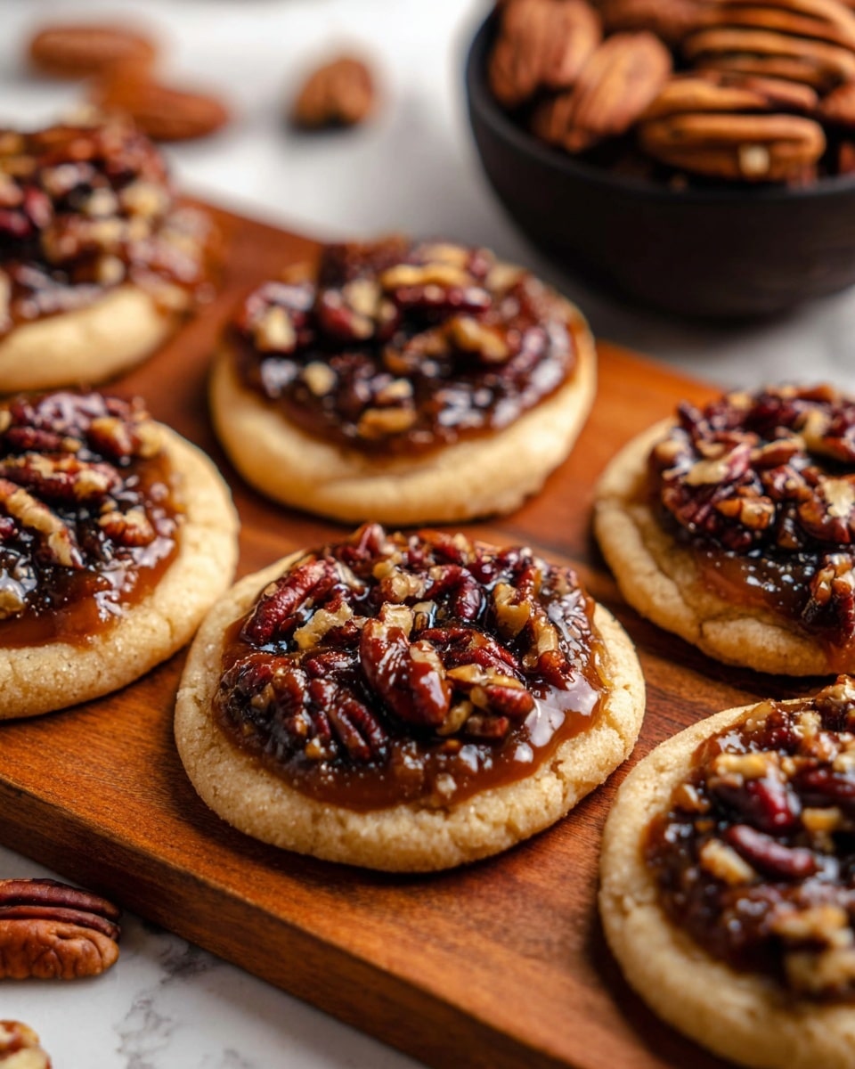 Round soft cookies form the base layer, light golden brown with a slightly crumbly texture and a slight rim around the edge. On top of each cookie, there is a thick layer of shiny dark caramel sauce mixed with glossy chopped pecans that are rich brown with varied shapes and sizes. The cookies rest closely together on a wooden board, with some whole pecans scattered around the board. In the background, a dark bowl holds more whole pecans. The surface is a white marbled texture. photo taken with an iphone --ar 4:5 --v 7