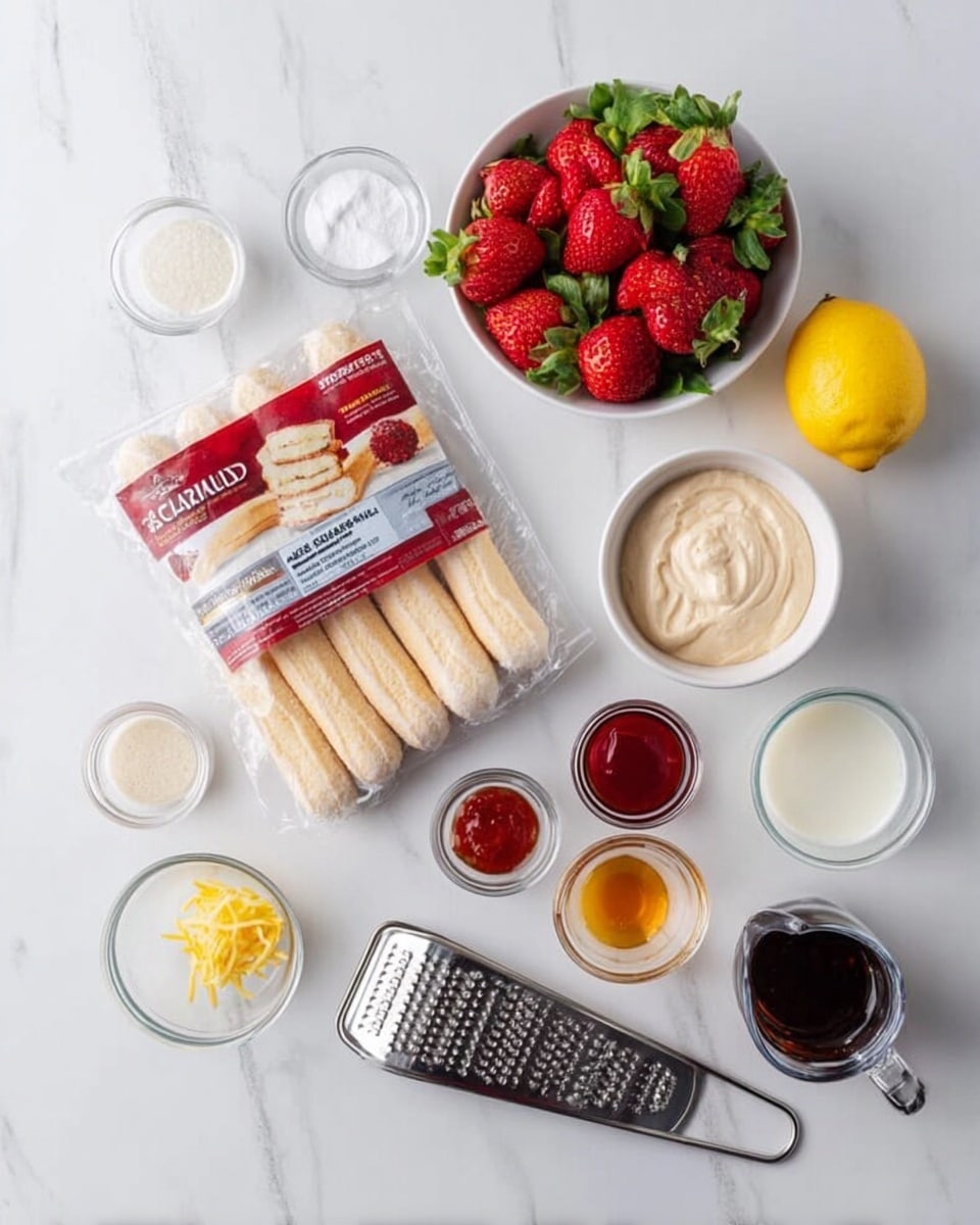 The image shows a white marbled surface with various ingredients arranged neatly. In the middle, there is a pack of ladyfingers in clear plastic packaging with a red and white label. Above it, there is a white bowl filled with fresh red strawberries with green leaves. To the right of the strawberries is a small white bowl with a creamy, light beige mixture. Surrounding these main items are small clear glass bowls with different ingredients: one bowl with granulated sugar, one with a red jam or jelly, one with a dark amber liquid, one with a light yellow liquid, one with plain water, and one small pitcher of cream or milk. There is also a lemon next to a metal grater with yellow zest on it. Everything is set on a white marbled surface. photo taken with an iphone --ar 4:5 --v 7