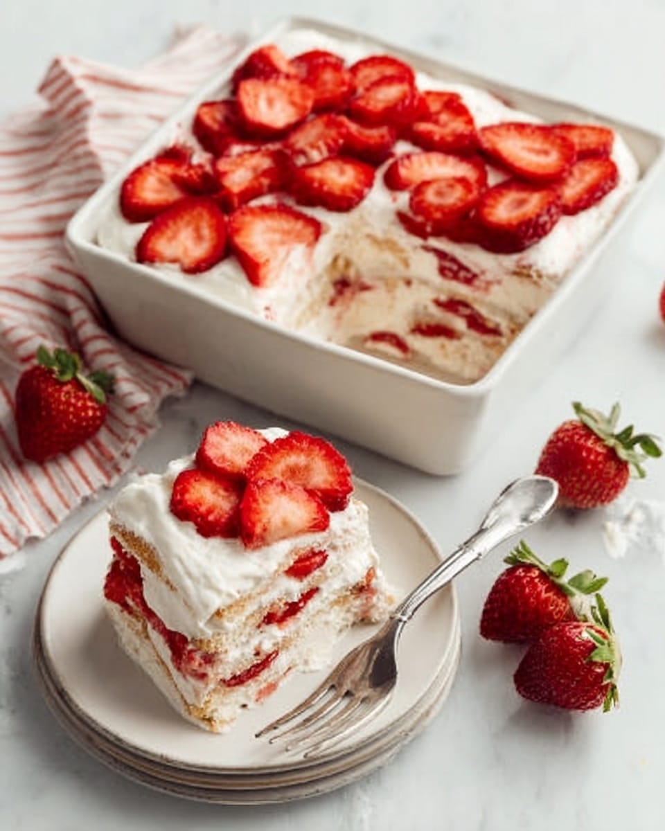 A white square dish filled with a layered dessert featuring alternating layers of creamy white filling and light cake. The top layer is covered with sliced red strawberries, arranged evenly across the surface. A slice is removed from the dish revealing the soft, creamy inside and more cake layers. A white round plate nearby holds a slice of the dessert, topped with sliced strawberries. Two fresh whole strawberries sit on the white marbled surface near the dishes, with a woman’s hand holding a fork close to the plate. Photo taken with an iphone --ar 4:5 --v 7