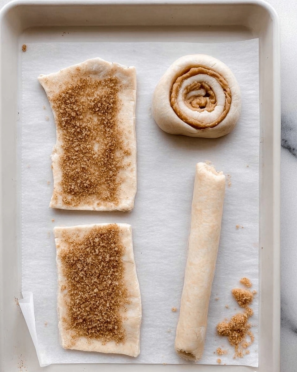 The image shows a white baking tray lined with white parchment paper on a white marbled surface. On the left side, there are two rectangular pieces of dough sprinkled with brown sugar. The edges of these rectangles are pressed down, showing a textured border. To the right of these, there is a rolled dough stick, and above it, a circular dough shape with a spiral in the middle, resembling a swirl. Some small brown sugar crumbs are scattered around the dough pieces. photo taken with an iphone --ar 4:5 --v 7