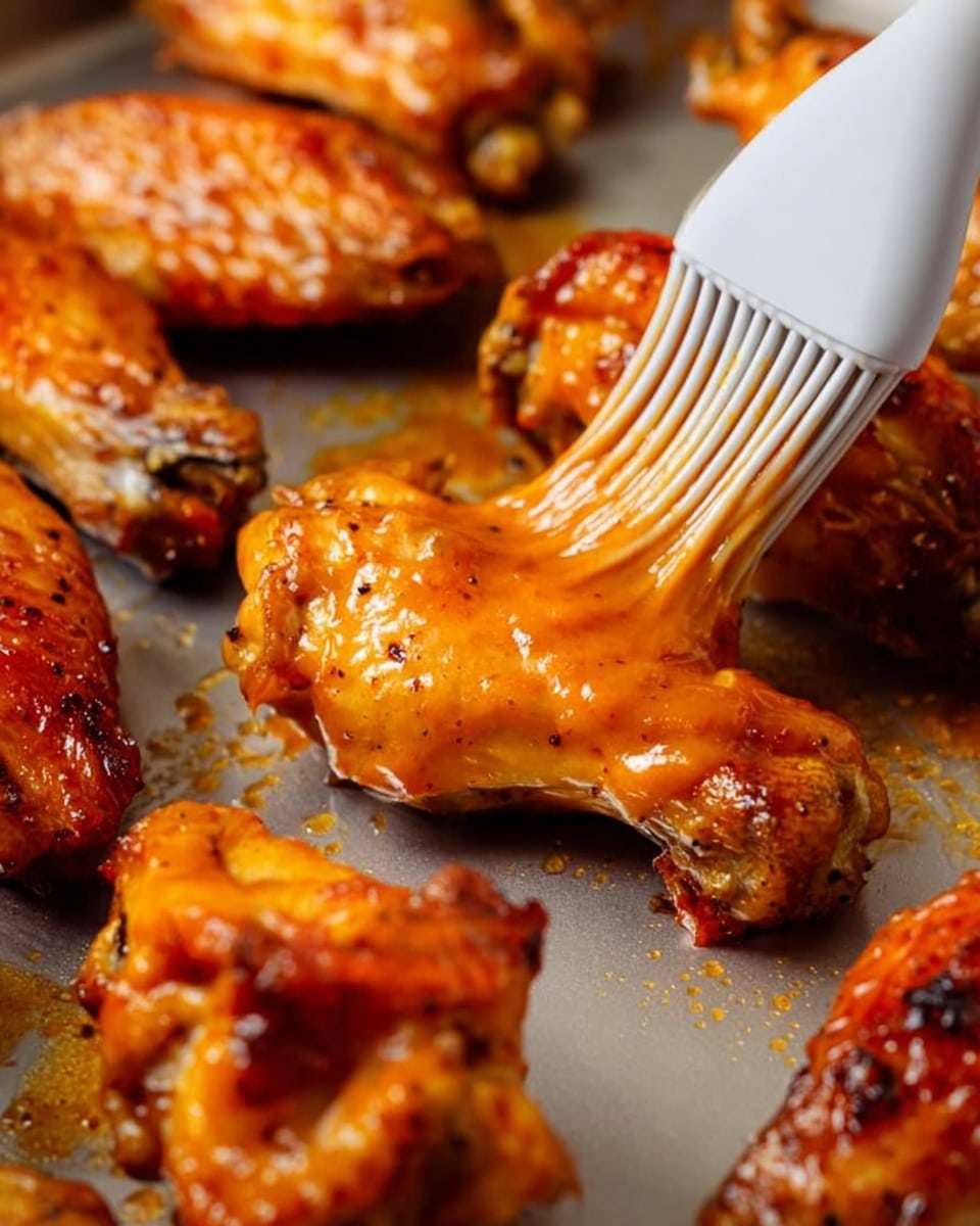 A close-up view of several cooked chicken wings with a golden orange sauce. On the top right, a white silicone brush coated with the same sauce is applying a layer to the shiny wings. The wings have a slightly crispy texture and are placed on a silver baking tray. The sauce looks thick and glossy, covering the wings evenly with a rich, smooth surface. photo taken with an iphone --ar 4:5 --v 7