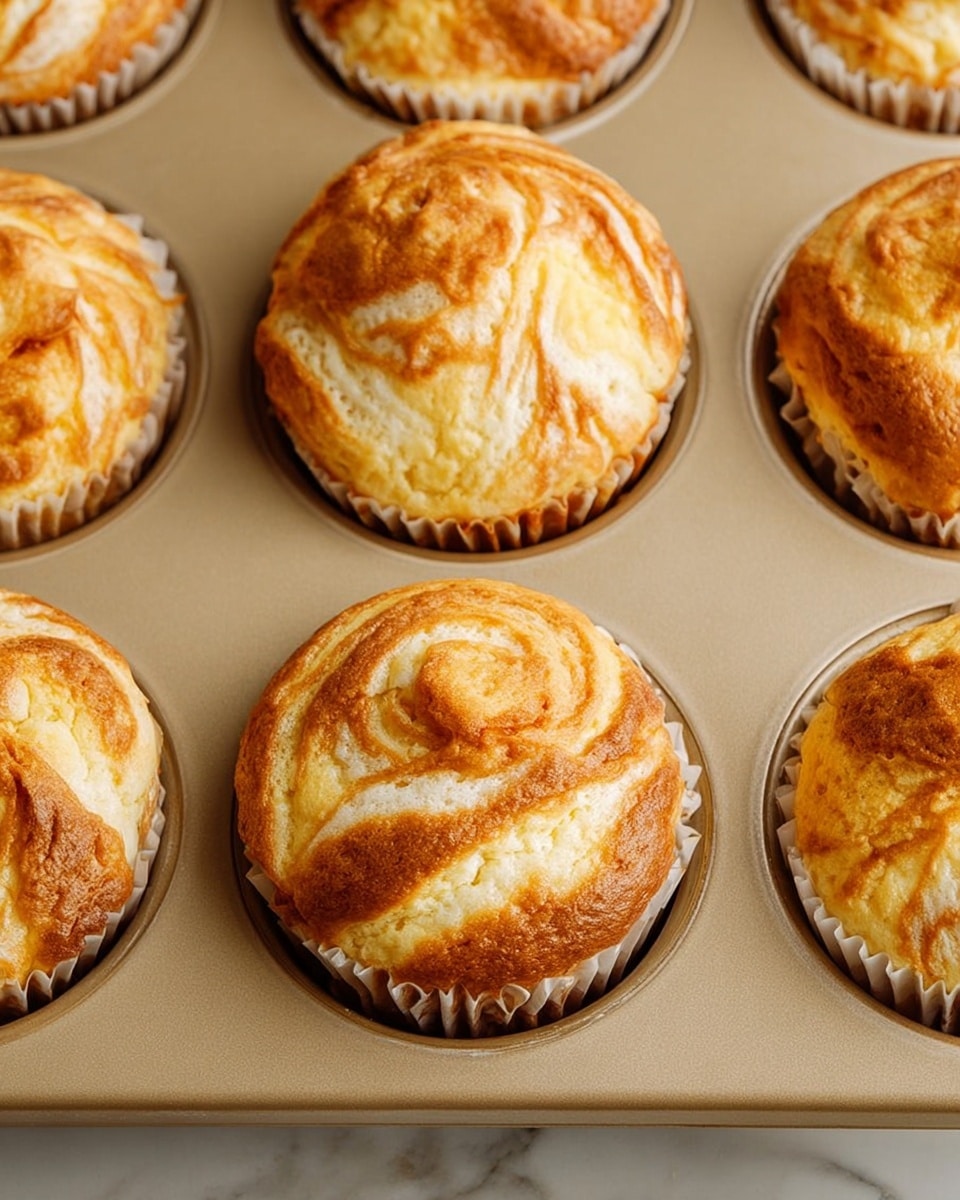 The image shows a close-up of six baked muffins in a beige metal muffin tray. Each muffin has a swirled pattern on top made of light cream and golden brown layers, giving a soft and slightly crispy texture look. The swirls have a marbled effect, where the cream color blends smoothly with the warm brown tones. The muffins sit in white paper liners that slightly ripple around their base. The muffin tray has a smooth matte finish and the view focuses on the top and edges of the muffins, showing their full round shape. The background is a white marbled texture. photo taken with an iphone --ar 4:5 --v 7