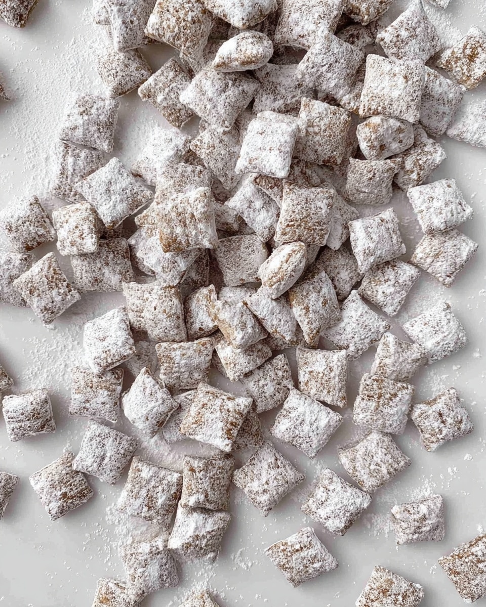 The image shows many small square pieces of cereal covered in a white powdery coating, scattered across a flat white marbled surface. Each piece has a rough texture with visible grain patterns under the white coating. The cereal pieces vary slightly in size and shape, giving a natural, uneven look. photo taken with an iphone --ar 4:5 --v 7