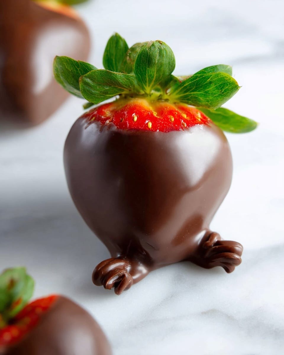 A single strawberry dipped in smooth, shiny dark chocolate sits upright on a white marbled surface. The strawberry's green leaves are fresh and spread out at the top, showing a little of the red fruit beneath. The chocolate coats the strawberry fully except for the top where the leaves grow, with two small twisted chocolate pieces placed in front of the dipped strawberry as decoration. In the foreground, part of another similarly dipped strawberry is visible but slightly out of focus. The photo taken with an iphone --ar 4:5 --v 7