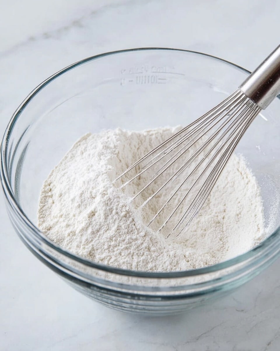 A clear glass bowl sits on a white marbled surface, filled with a single layer of fine white flour. A metal whisk with a shiny handle is partially dipped into the flour on the right side, slightly lifting some of it. The transparent bowl has measurement markings visible on its sides. Photo taken with an iphone --ar 4:5 --v 7