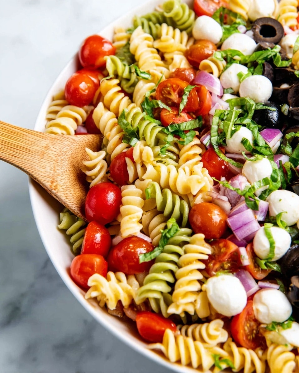 A close-up view of a colorful pasta salad in a white bowl on a white marbled surface, showing three layers: the base layer has tri-color rotini pasta in pale yellow, light green, and light orange, the middle layer is made up of halved cherry tomatoes in bright red, sliced black olives with a smooth texture, and small cubes of red onion with a shiny surface, and the top layer features small white mozzarella balls scattered evenly, fresh green chopped basil leaves sprinkled all over, and a wooden spoon with a red tip slightly digging into the salad from the left side, photo taken with an iphone --ar 4:5 --v 7