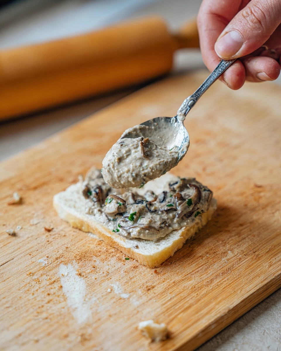 A woman's hand holds a spoon spreading a creamy, chunky grey-brown mixture with small green bits onto a single layer of a square piece of white bread with crusts removed, placed on a light wood cutting board with visible grains and crumbs. In the background, part of a wooden rolling pin is slightly out of focus. The scene is set on a white marbled texture surface. photo taken with an iphone --ar 4:5 --v 7