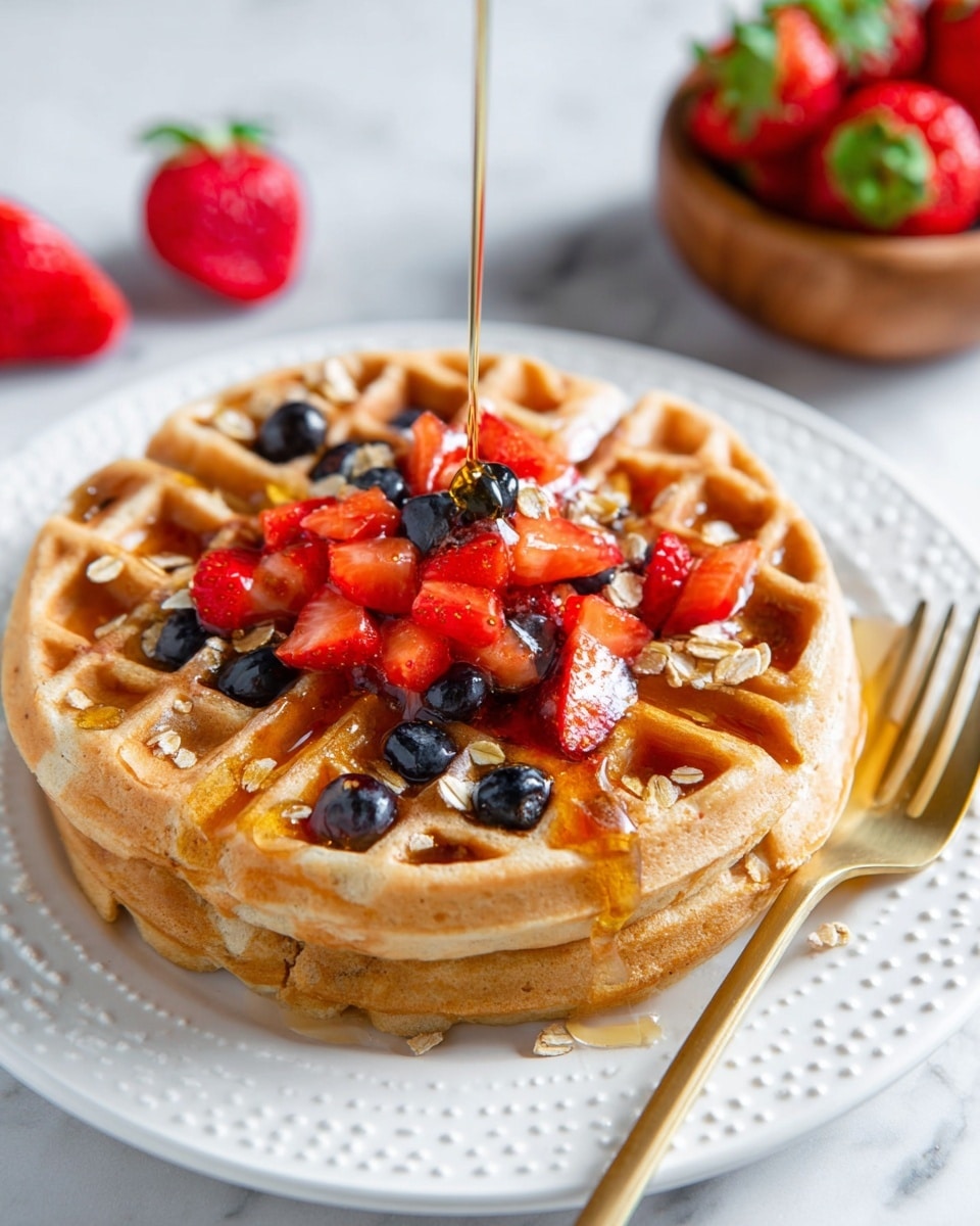 Two golden brown waffles are stacked on a white plate with a raised dotted edge. The top waffle is decorated with pieces of fresh red strawberries and whole blueberries scattered in the waffle squares, along with some oat flakes. Clear honey is being poured slowly over the fruit, creating a shiny glaze. A gold fork rests on the right side of the plate. In the background, there are some whole strawberries in a wooden bowl on a white marbled surface. photo taken with an iphone --ar 4:5 --v 7