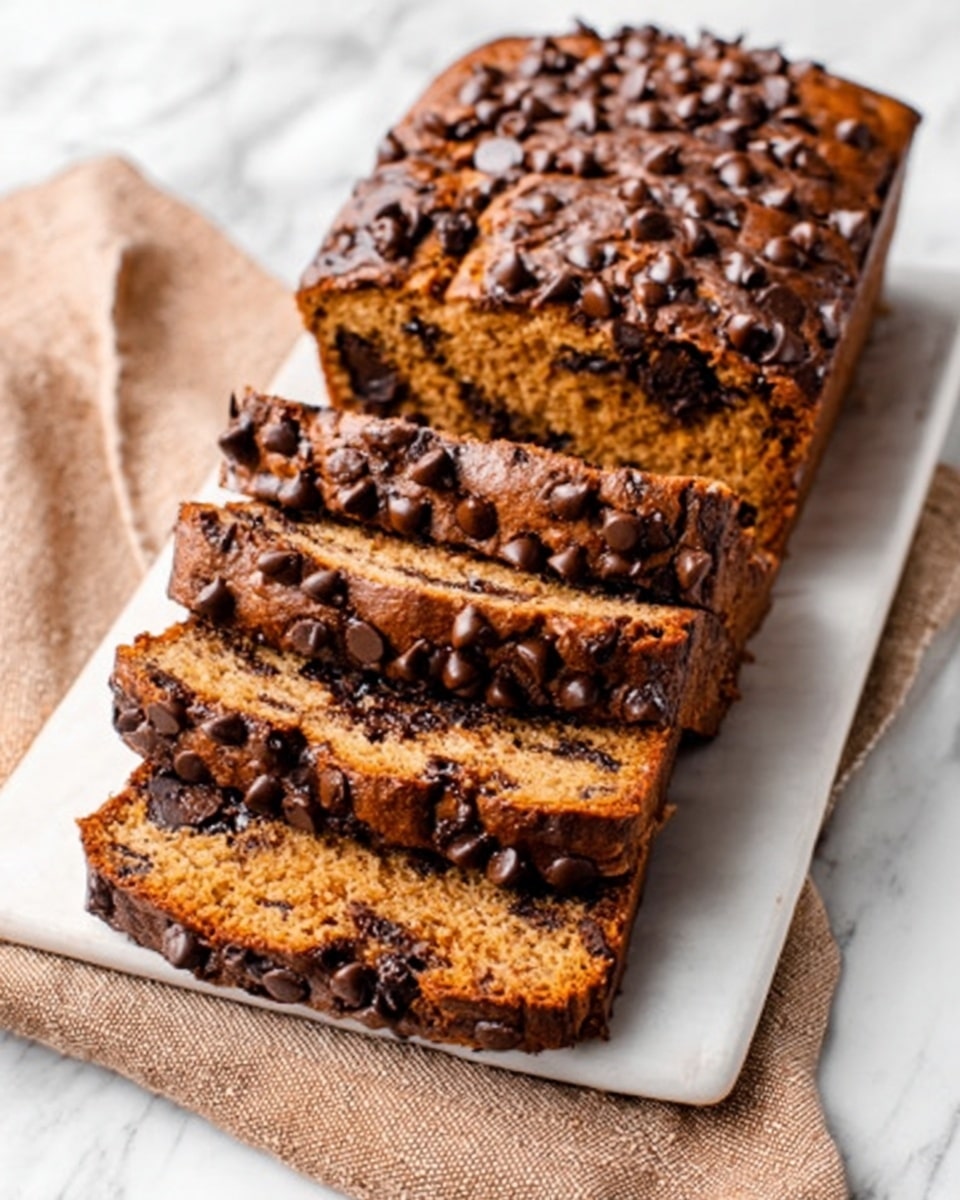 The image shows a loaf of chocolate chip bread on a white rectangular plate. The loaf is sliced into five thick pieces, revealing a soft, moist inside filled with small chocolate chips. The bread's top is covered in many melted chocolate chips, giving it a bumpy texture and rich dark brown color. The plate rests on a light brown cloth, all placed on a white marbled surface. The lighting highlights the bread's texture and the chocolate chips that look shiny and slightly melted. photo taken with an iphone --ar 4:5 --v 7