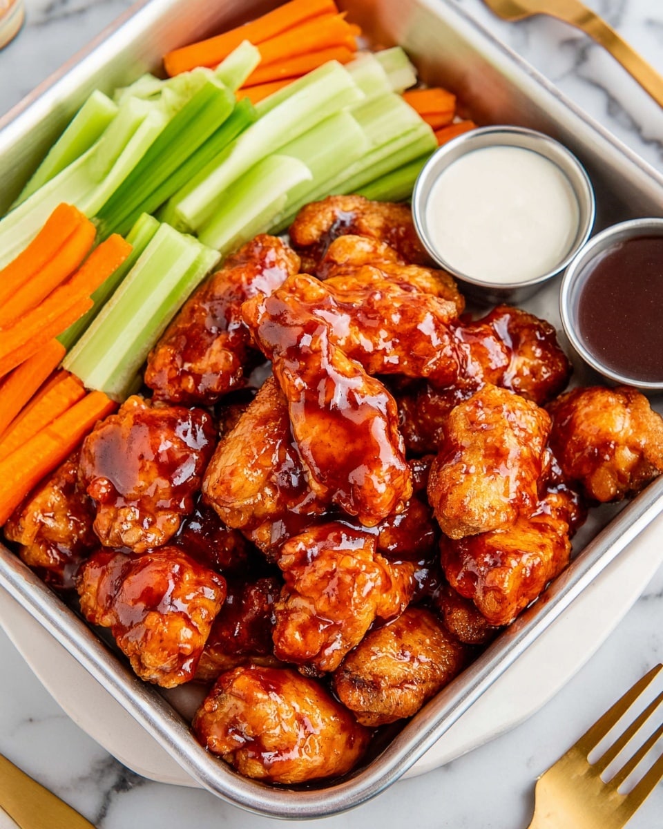 The image shows a metal tray filled with about two layers of glazed chicken wings coated evenly in a shiny, reddish-brown sauce. The chicken pieces have a slightly crispy texture visible under the sauce. On the left side of the tray, there are fresh celery sticks and carrot sticks stacked in two neat rows, light green and bright orange in color respectively. On the right side of the tray, two small silver containers hold dipping sauces, one white and creamy, the other dark brown and smooth. The tray is placed on a white marbled surface with a golden fork in the bottom right corner. photo taken with an iphone --ar 4:5 --v 7