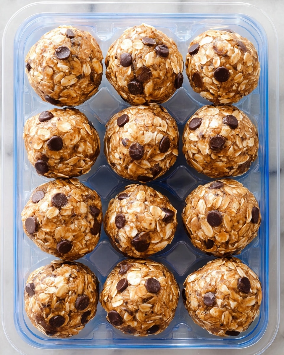 Twelve round energy balls are neatly placed in a clear plastic container, arranged in three rows of four. Each ball is light brown with visible oats mixed throughout, giving a rough and chunky texture. Dark brown chocolate chips dot the surface of each ball, standing out sharply against the oat mix. The background is a white marbled surface, giving a clean and bright look. photo taken with an iphone --ar 4:5 --v 7