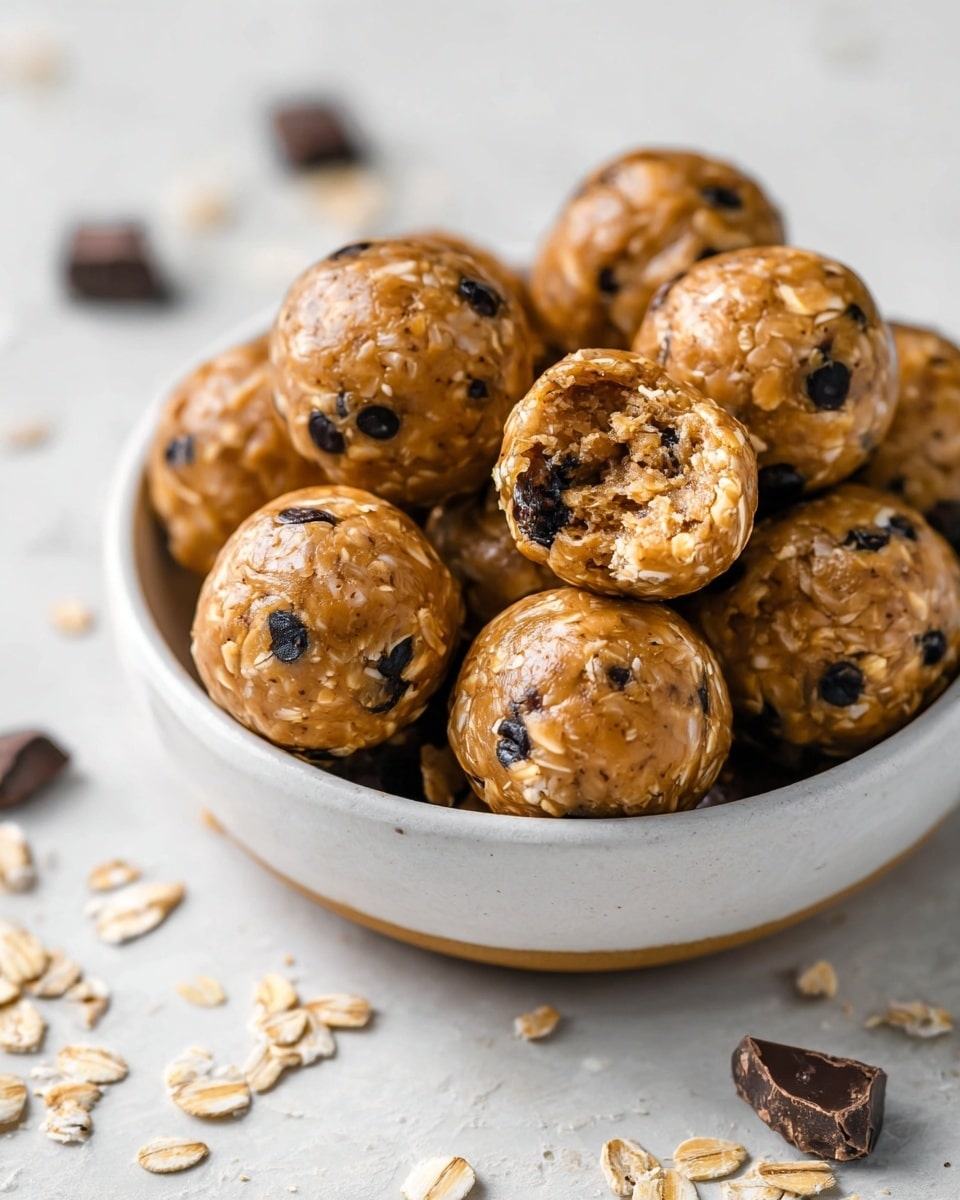 A close-up view of a white bowl filled with about a dozen round energy balls, each showing a mix of light brown peanut butter color with visible beige oat flakes and dark chocolate chips inside. One energy ball is bitten into, revealing a soft, dense texture with oats and chips inside. The bowl sits on a white marbled textured surface, with scattered oat flakes and chocolate pieces around it, creating a warm and inviting look. photo taken with an iphone --ar 4:5 --v 7