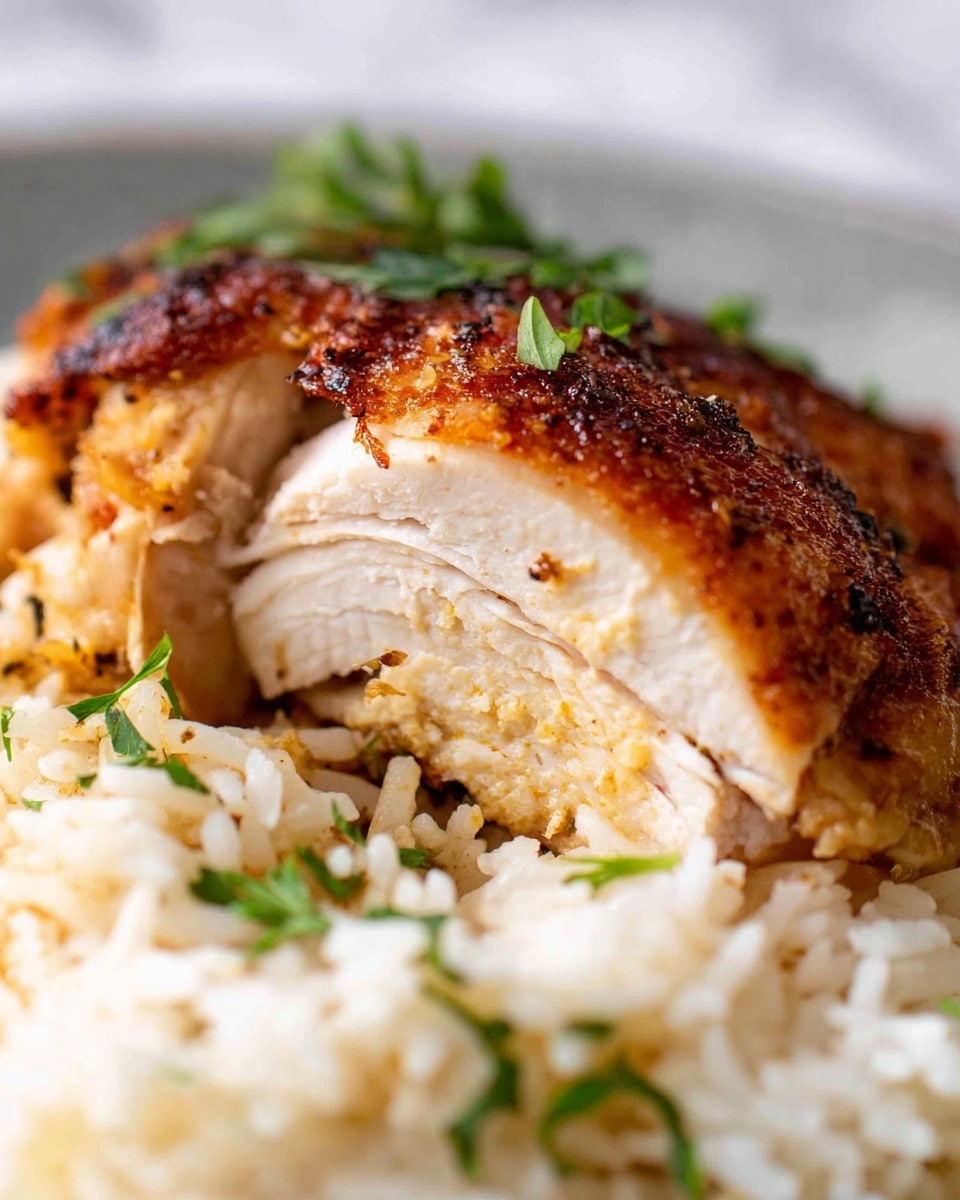 The image shows a close-up of a piece of cooked chicken with a crispy, golden-brown skin on top. The chicken is sliced open to show the white, juicy meat inside with some light seasoning and herbs. Below the chicken, there is a layer of cooked white rice with a fluffy texture, covering most of the bottom part of the image. Small green herbs are scattered over the rice and chicken for decoration. The background has a soft, white marbled texture. photo taken with an iphone --ar 4:5 --v 7
