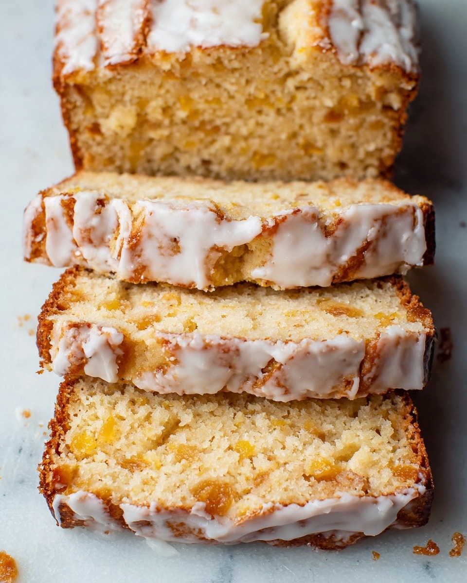 A loaf of light golden bread with a crumbly texture is sliced into four thick pieces stacked slightly overlapping on a white marbled surface. The top layer of the loaf is covered with a rough, cracked white icing, which also drips down unevenly over the edges of the slices. The inside of the bread shows small chunks and a soft, moist texture with a mix of light yellow and brown colors throughout. The bread has a slightly rustic look with visible swirls under the icing on top. Photo taken with an iphone --ar 4:5 --v 7