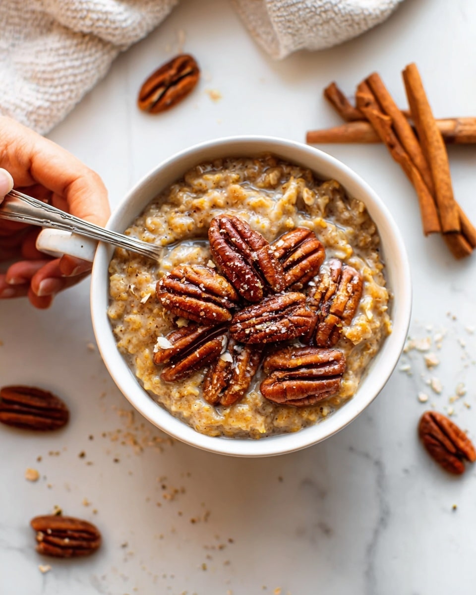 The image shows a white cup filled with thick oatmeal topped with pecan nuts. The oatmeal has a warm, light brown color with a soft texture. On top, there are whole pecans, darker brown and shiny, arranged neatly. A spoon is inside the cup, with a woman’s hand holding it from the left side. The cup sits on a white marbled surface, surrounded by scattered pecans and cinnamon sticks placed nearby. The scene is bright with natural light. photo taken with an iphone --ar 4:5 --v 7