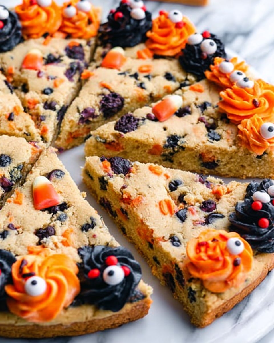 The image shows a close-up of a Halloween-themed cookie cake with one slice removed. The cookie cake has a light brown dough base with chocolate chips and colorful candy pieces embedded throughout. Around the edges, there are alternating dollops of black and orange frosting decorated to look like pumpkins and eyeballs, with the orange frosting shaped into swirls and the black frosting topped with small candy eyes and red sprinkles. The cookie is placed on a white plate, and the background is a white marbled surface. photo taken with an iphone --ar 4:5 --v 7