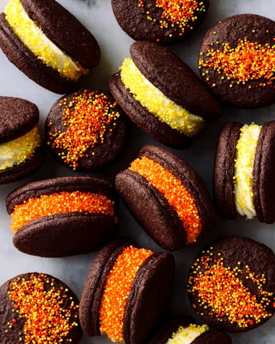The image shows many sandwich cookies on a white marbled surface. Each cookie has two dark brown round pieces with a thick cream filling in the middle. The cream is covered with small, bright sugar crystals on the edges, with some in orange and others in yellow. The cookies are arranged close to each other, with some overlapping. Photo taken with an iphone --ar 4:5 --v 7