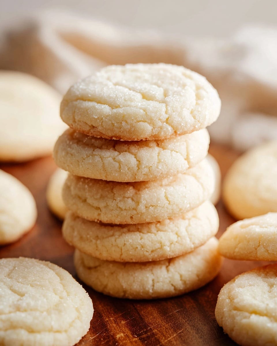 The image shows several stacks of soft, round cookies with a light, pale golden color. Each stack consists of about five cookies, with a slightly textured, cracked surface on top. The cookies are placed directly on a wooden surface, arranged in a loose group with some stacks in focus and others blurred in the background. The round cookies have a gentle rise around the edges with a soft, crumbly appearance. The overall feel is warm and inviting, with a simple, clean arrangement. Photo taken with an iphone --ar 4:5 --v 7