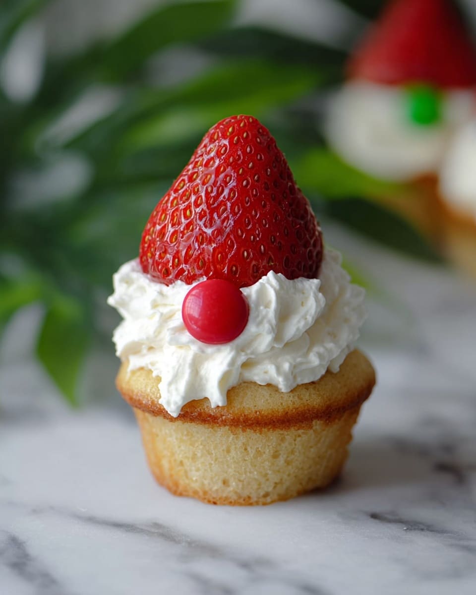 A small cupcake is shown with three visible layers: the bottom layer is a light golden brown cake with a soft texture, the middle layer is white whipped cream spread thickly and unevenly on top of the cake, and the top layer is a large, bright red strawberry sitting upright with a smaller round red candy placed right in front of it on the cream. The cupcake is on a white marbled surface, with blurred green leaves visible in the background. Photo taken with an iphone --ar 4:5 --v 7