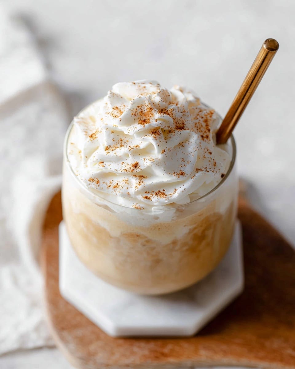 A clear glass cup filled with a creamy light brown drink topped with a thick swirl of white whipped cream sprinkled with fine reddish-brown spice powder. A brown wooden straw sticks out from the whipped cream on the right side. The glass rests on a white hexagonal coaster placed on a wooden board, all set on a white marbled surface. photo taken with an iphone --ar 4:5 --v 7