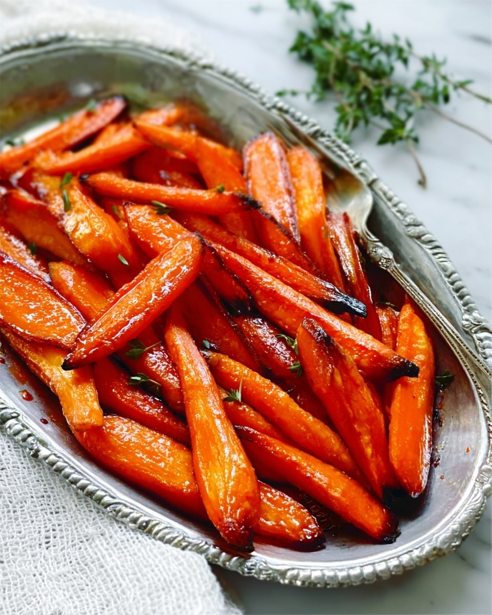 The image shows a silver tray filled with bright orange cooked carrot sticks, some slightly charred and glossy with oil, giving a shiny texture. The carrots are cut long and placed in a slightly messy pile, with a silver fork resting on the top right side of the tray. In the background, there is a white marbled surface with a sprig of green herbs on the top right corner. Photo taken with an iphone --ar 4:5 --v 7