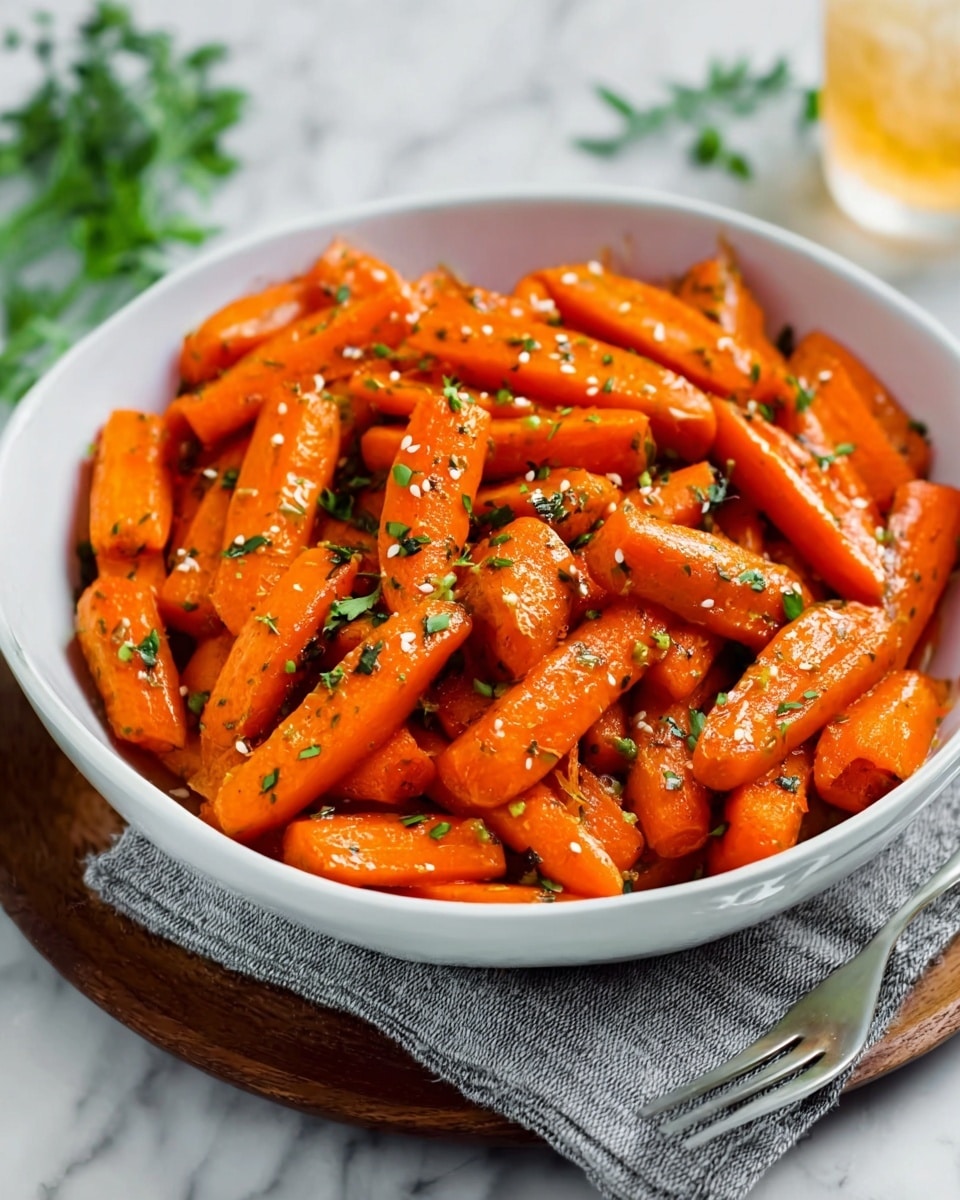 The image shows a white bowl filled with bright orange glazed carrot sticks, evenly coated in a shiny sauce. The carrots are cut into uniform sticks and are sprinkled with small white sesame seeds and chopped green herbs scattered on top. The bowl sits on a round wooden board with a silver fork beside it, resting on a folded grey cloth. The background is a soft white marbled texture, with some green herb leaves slightly blurred in the back and a glass of iced drink with a straw visible at the top right corner. Photo taken with an iphone --ar 4:5 --v 7
