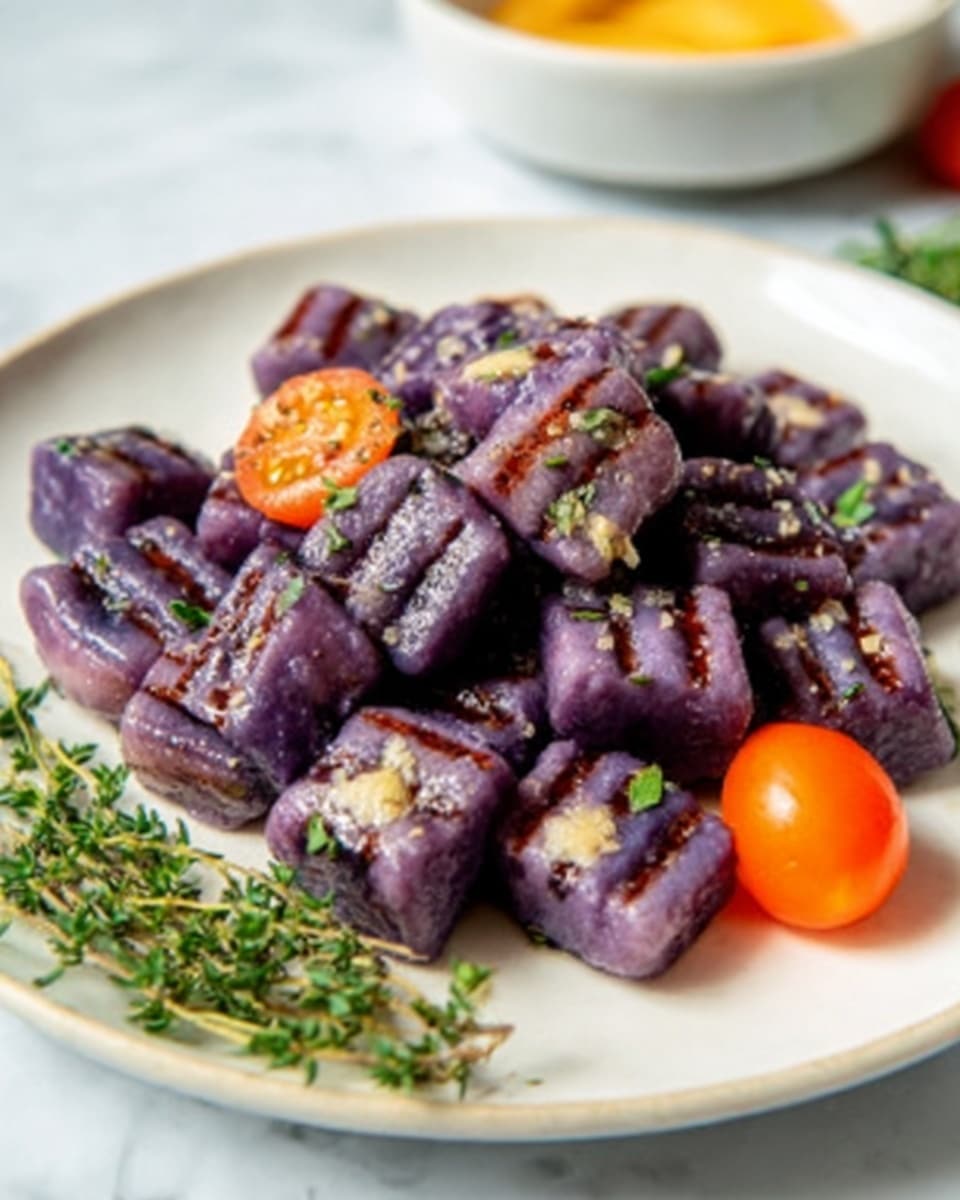 The image shows a white plate with pieces of purple gnocchi that have grill marks on them. The gnocchi pieces are small, square, and slightly shiny, with some sprinkled herbs and small seeds on top. There is a small halved orange cherry tomato among the gnocchi pieces, and a sprig of fresh green thyme on the side of the plate. The background is a white marbled surface with a hint of a large white bowl seen behind the plate. photo taken with an iphone --ar 4:5 --v 7